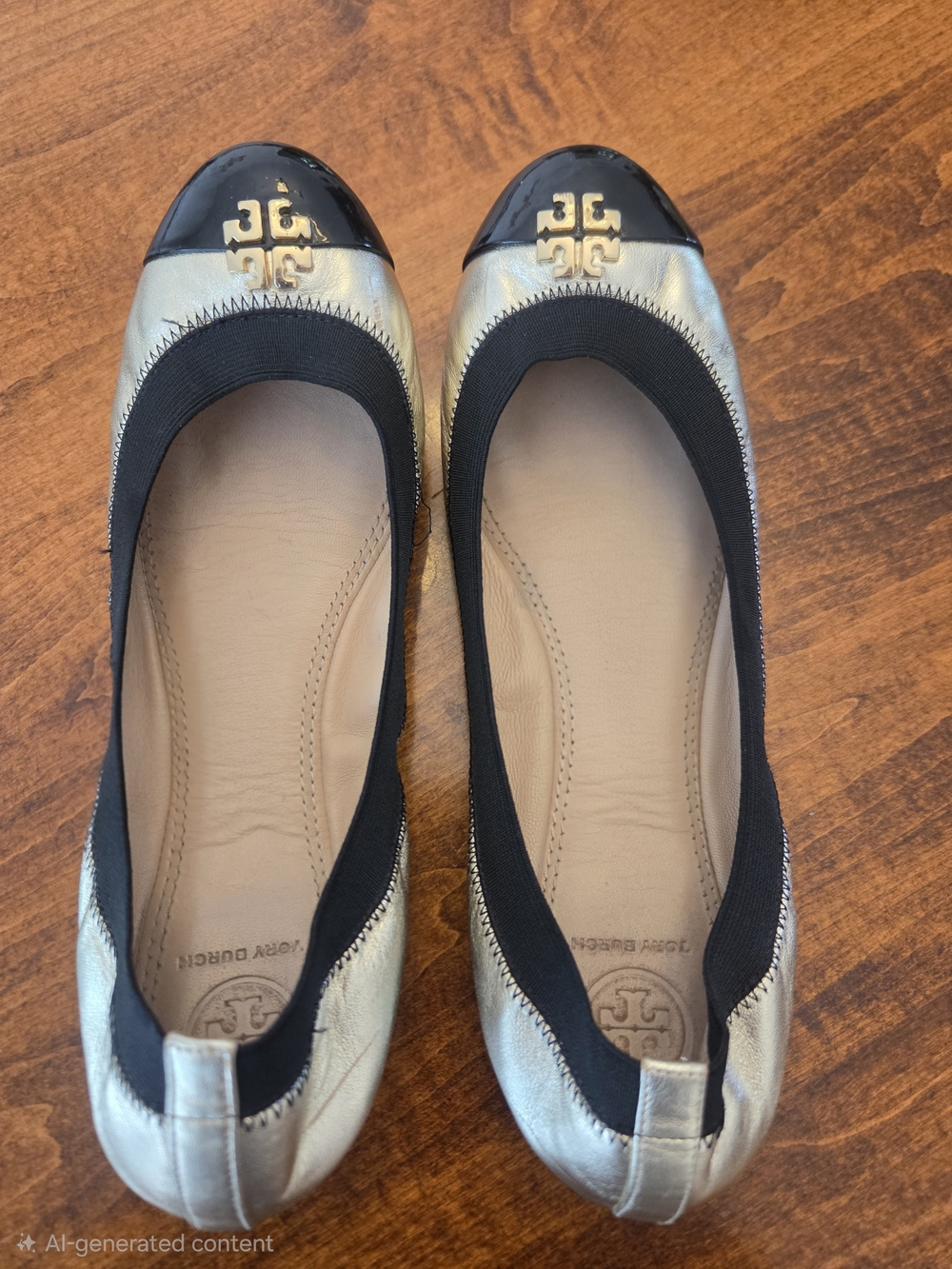 Tory Burch Ballet Flat silver black light grained leather/patent size 8